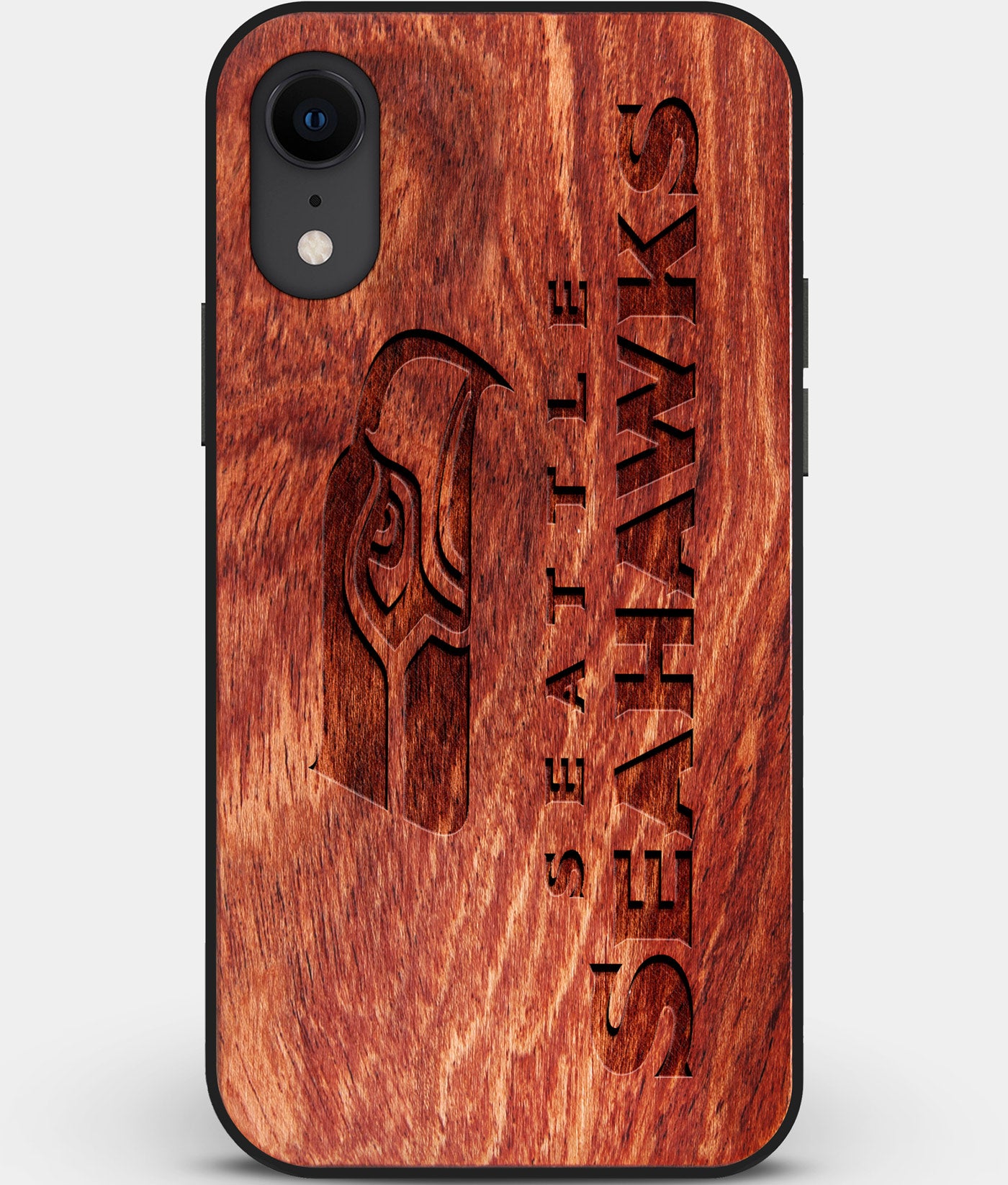 Custom Carved Wood Seattle Seahawks iPhone XR Case | Personalized Mahogany Wood Seattle Seahawks Cover, Birthday Gift, Gifts For Him, Monogrammed Gift For Fan | by Engraved In Nature