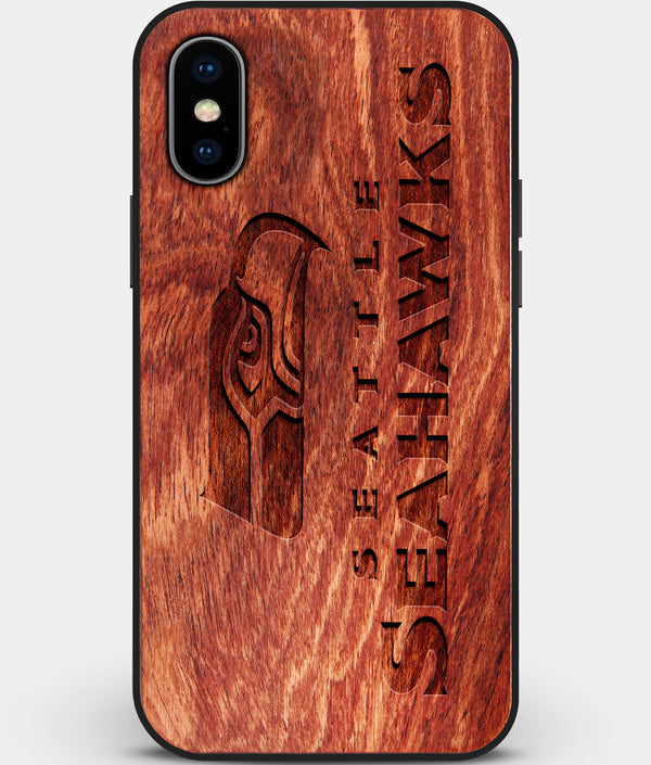 Custom Carved Wood Seattle Seahawks iPhone X/XS Case | Personalized Mahogany Wood Seattle Seahawks Cover, Birthday Gift, Gifts For Him, Monogrammed Gift For Fan | by Engraved In Nature