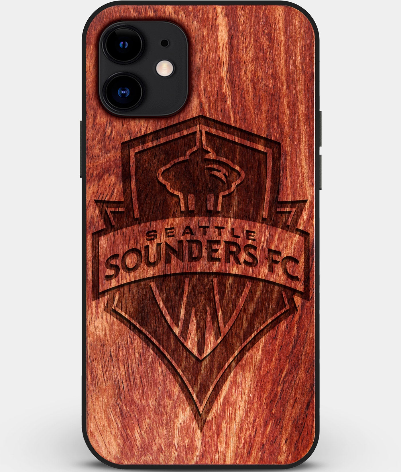 Custom Carved Wood Seattle Sounders FC iPhone 11 Case | Personalized Mahogany Wood Seattle Sounders FC Cover, Birthday Gift, Gifts For Him, Monogrammed Gift For Fan | by Engraved In Nature