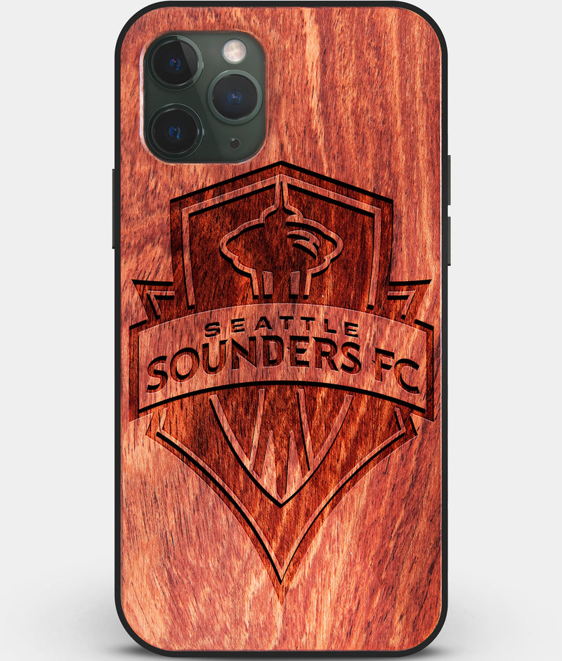 Custom Carved Wood Seattle Sounders FC iPhone 11 Pro Max Case | Personalized Mahogany Wood Seattle Sounders FC Cover, Birthday Gift, Gifts For Him, Monogrammed Gift For Fan | by Engraved In Nature