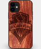 Custom Carved Wood Seattle Sounders FC iPhone 12 Case | Personalized Mahogany Wood Seattle Sounders FC Cover, Birthday Gift, Gifts For Him, Monogrammed Gift For Fan | by Engraved In Nature
