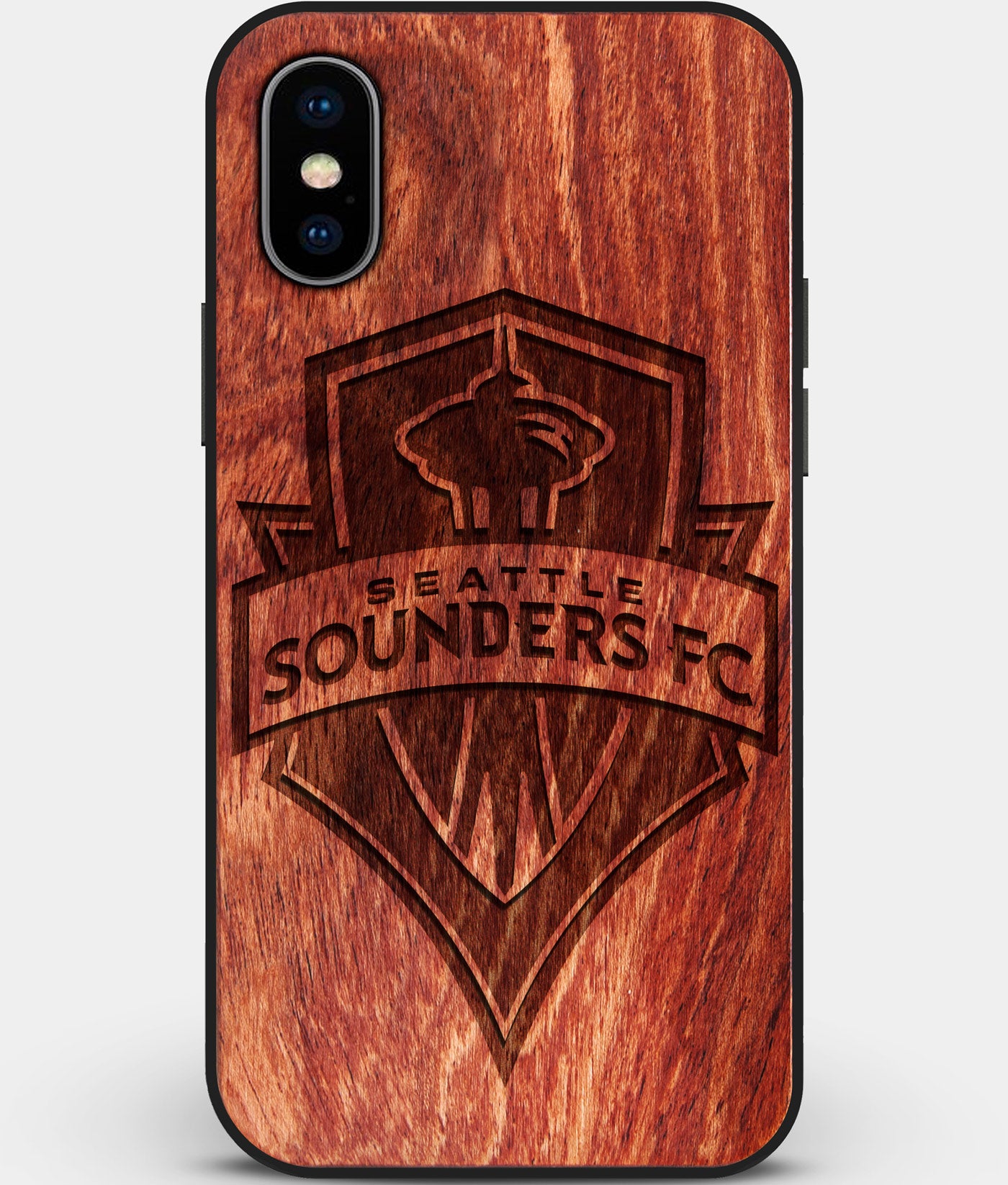 Custom Carved Wood Seattle Sounders FC iPhone X/XS Case | Personalized Mahogany Wood Seattle Sounders FC Cover, Birthday Gift, Gifts For Him, Monogrammed Gift For Fan | by Engraved In Nature