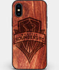 Custom Carved Wood Seattle Sounders FC iPhone XS Max Case | Personalized Mahogany Wood Seattle Sounders FC Cover, Birthday Gift, Gifts For Him, Monogrammed Gift For Fan | by Engraved In Nature