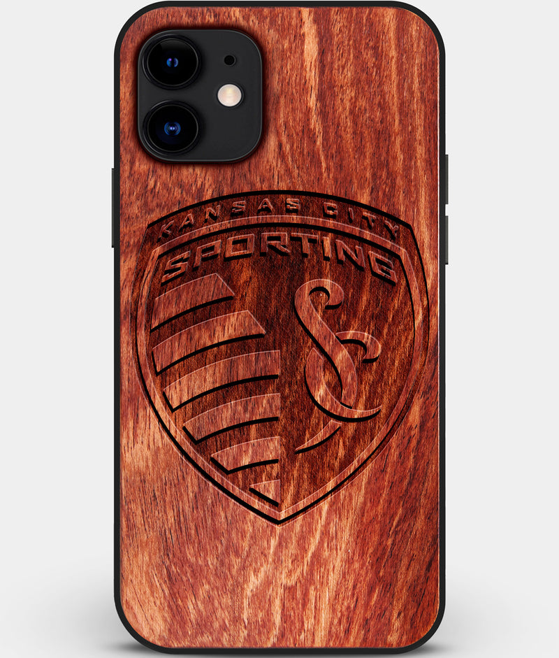 Custom Carved Wood Sporting Kansas City iPhone 11 Case | Personalized Mahogany Wood Sporting Kansas City Cover, Birthday Gift, Gifts For Him, Monogrammed Gift For Fan | by Engraved In Nature