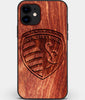 Custom Carved Wood Sporting Kansas City iPhone 11 Case | Personalized Mahogany Wood Sporting Kansas City Cover, Birthday Gift, Gifts For Him, Monogrammed Gift For Fan | by Engraved In Nature