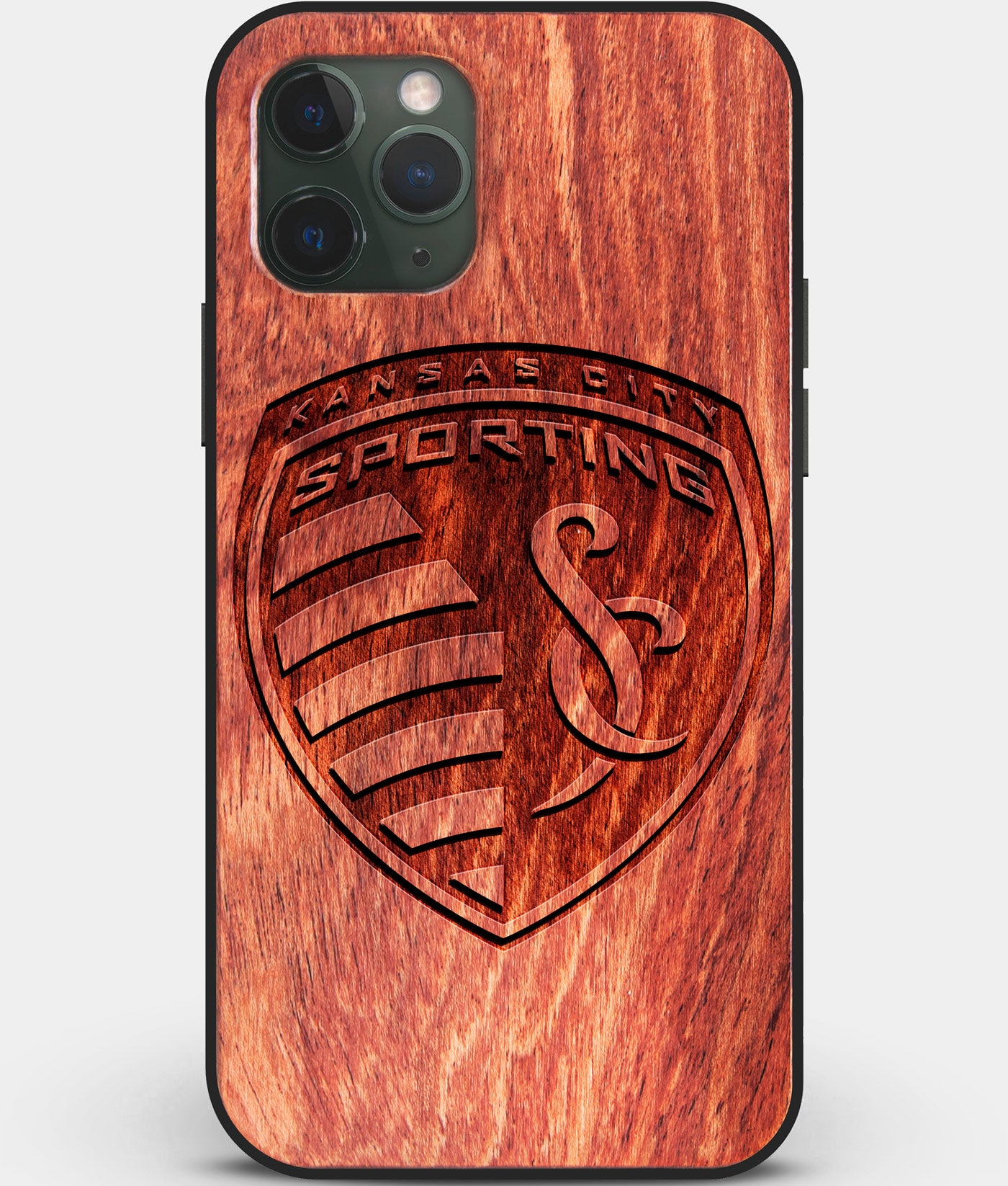 Custom Carved Wood Sporting Kansas City iPhone 11 Pro Case | Personalized Mahogany Wood Sporting Kansas City Cover, Birthday Gift, Gifts For Him, Monogrammed Gift For Fan | by Engraved In Nature