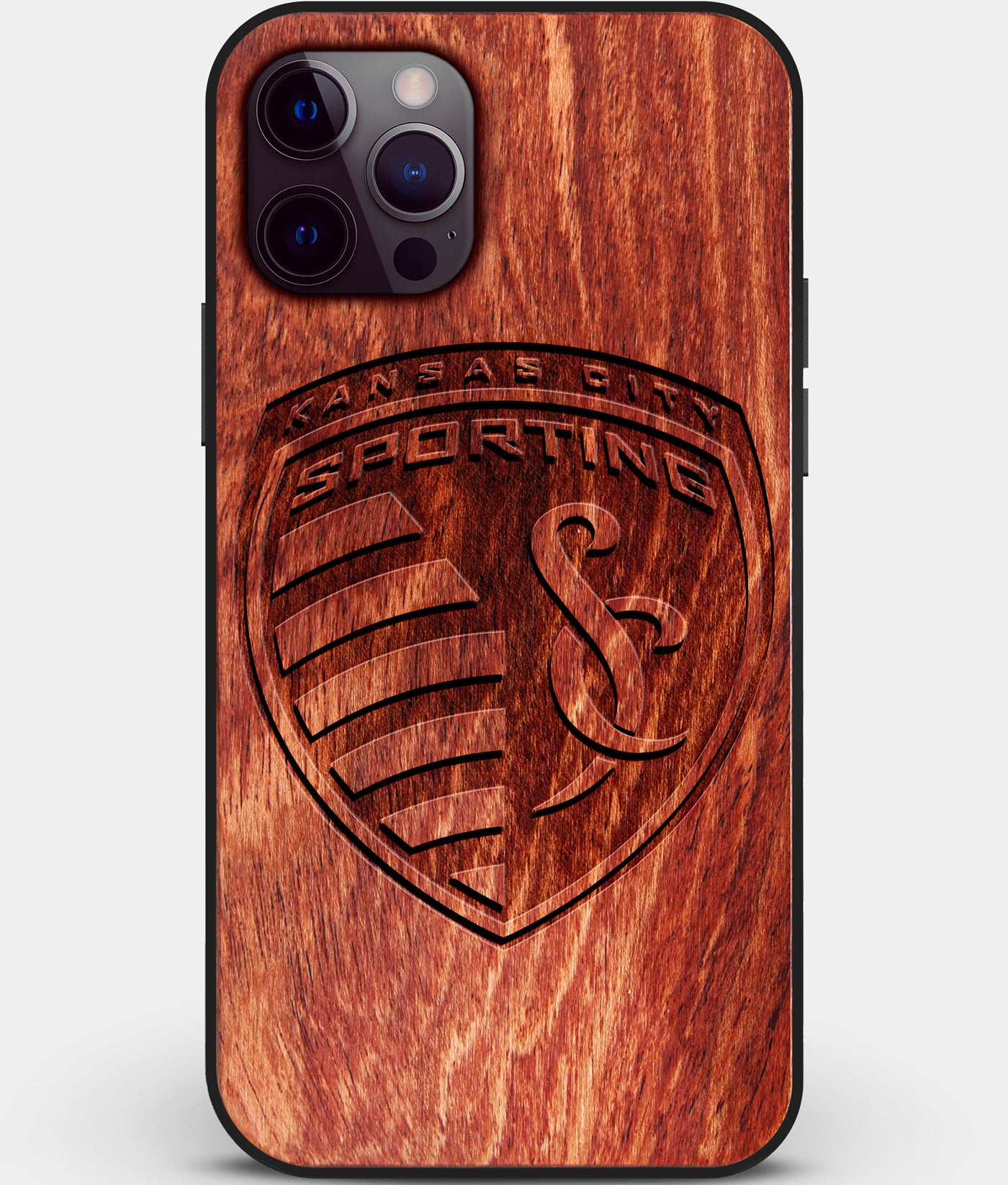 Custom Carved Wood Sporting Kansas City iPhone 12 Pro Max Case | Personalized Mahogany Wood Sporting Kansas City Cover, Birthday Gift, Gifts For Him, Monogrammed Gift For Fan | by Engraved In Nature