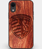 Custom Carved Wood Sporting Kansas City iPhone XR Case | Personalized Mahogany Wood Sporting Kansas City Cover, Birthday Gift, Gifts For Him, Monogrammed Gift For Fan | by Engraved In Nature