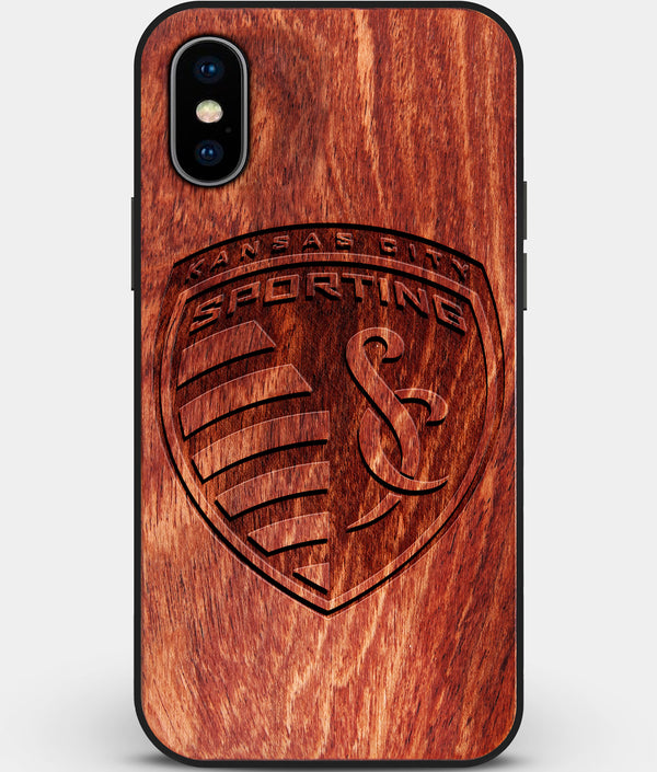 Custom Carved Wood Sporting Kansas City iPhone X/XS Case | Personalized Mahogany Wood Sporting Kansas City Cover, Birthday Gift, Gifts For Him, Monogrammed Gift For Fan | by Engraved In Nature