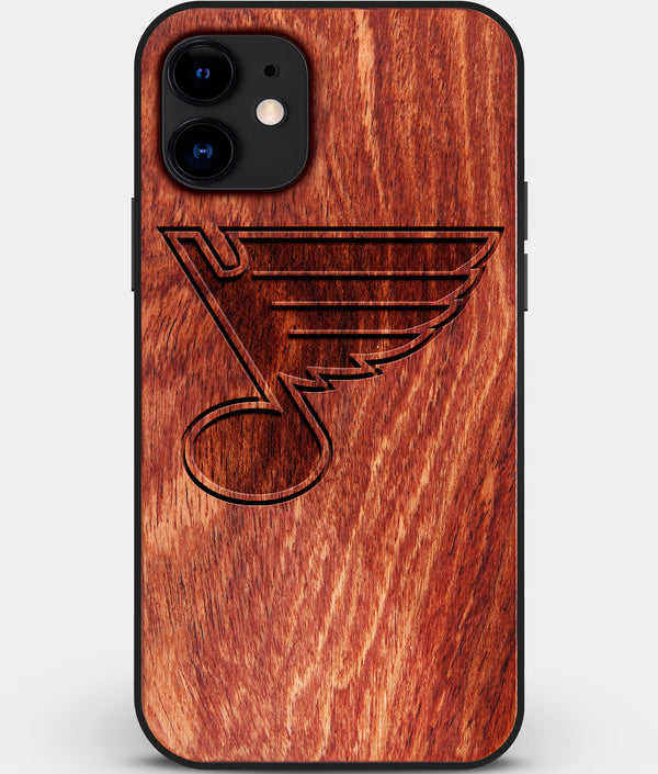 Custom Carved Wood St Louis Blues iPhone 11 Case | Personalized Mahogany Wood St Louis Blues Cover, Birthday Gift, Gifts For Him, Monogrammed Gift For Fan | by Engraved In Nature