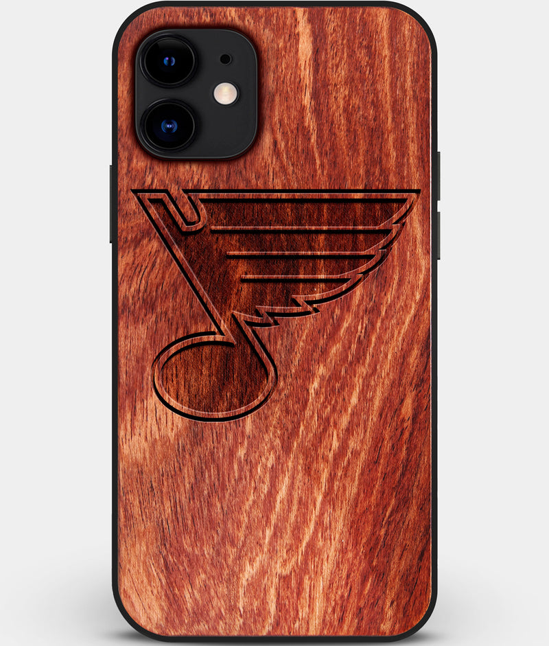 Custom Carved Wood St Louis Blues iPhone 12 Case | Personalized Mahogany Wood St Louis Blues Cover, Birthday Gift, Gifts For Him, Monogrammed Gift For Fan | by Engraved In Nature
