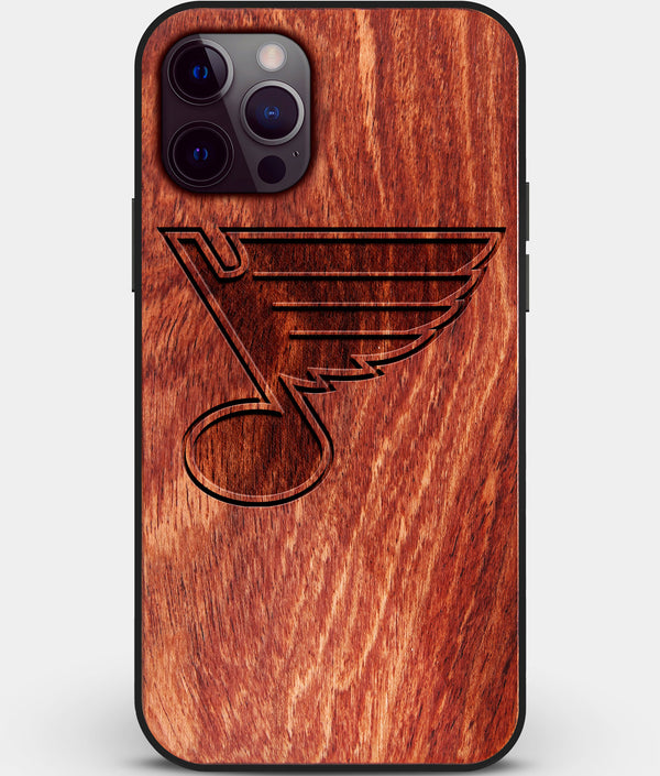 Custom Carved Wood St Louis Blues iPhone 12 Pro Max Case | Personalized Mahogany Wood St Louis Blues Cover, Birthday Gift, Gifts For Him, Monogrammed Gift For Fan | by Engraved In Nature