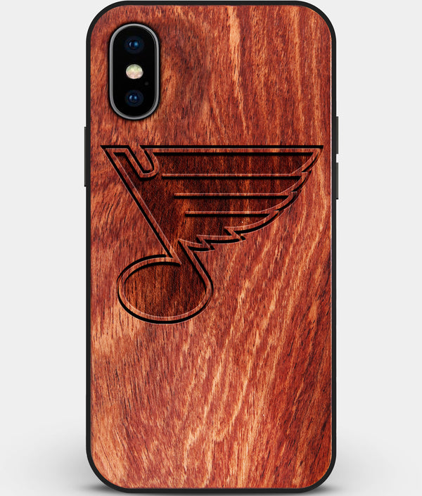 Custom Carved Wood St Louis Blues iPhone X/XS Case | Personalized Mahogany Wood St Louis Blues Cover, Birthday Gift, Gifts For Him, Monogrammed Gift For Fan | by Engraved In Nature