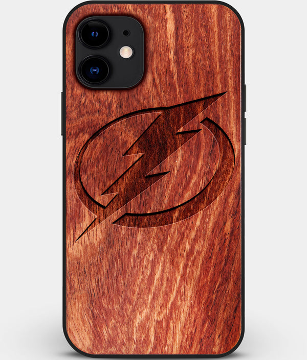 Custom Carved Wood Tampa Bay Lightning iPhone 11 Case | Personalized Mahogany Wood Tampa Bay Lightning Cover, Birthday Gift, Gifts For Him, Monogrammed Gift For Fan | by Engraved In Nature