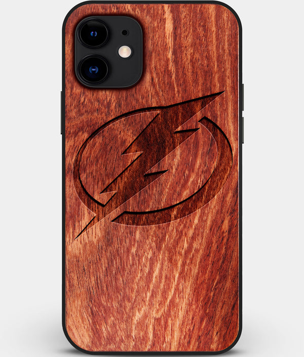 Custom Carved Wood Tampa Bay Lightning iPhone 11 Case | Personalized Mahogany Wood Tampa Bay Lightning Cover, Birthday Gift, Gifts For Him, Monogrammed Gift For Fan | by Engraved In Nature