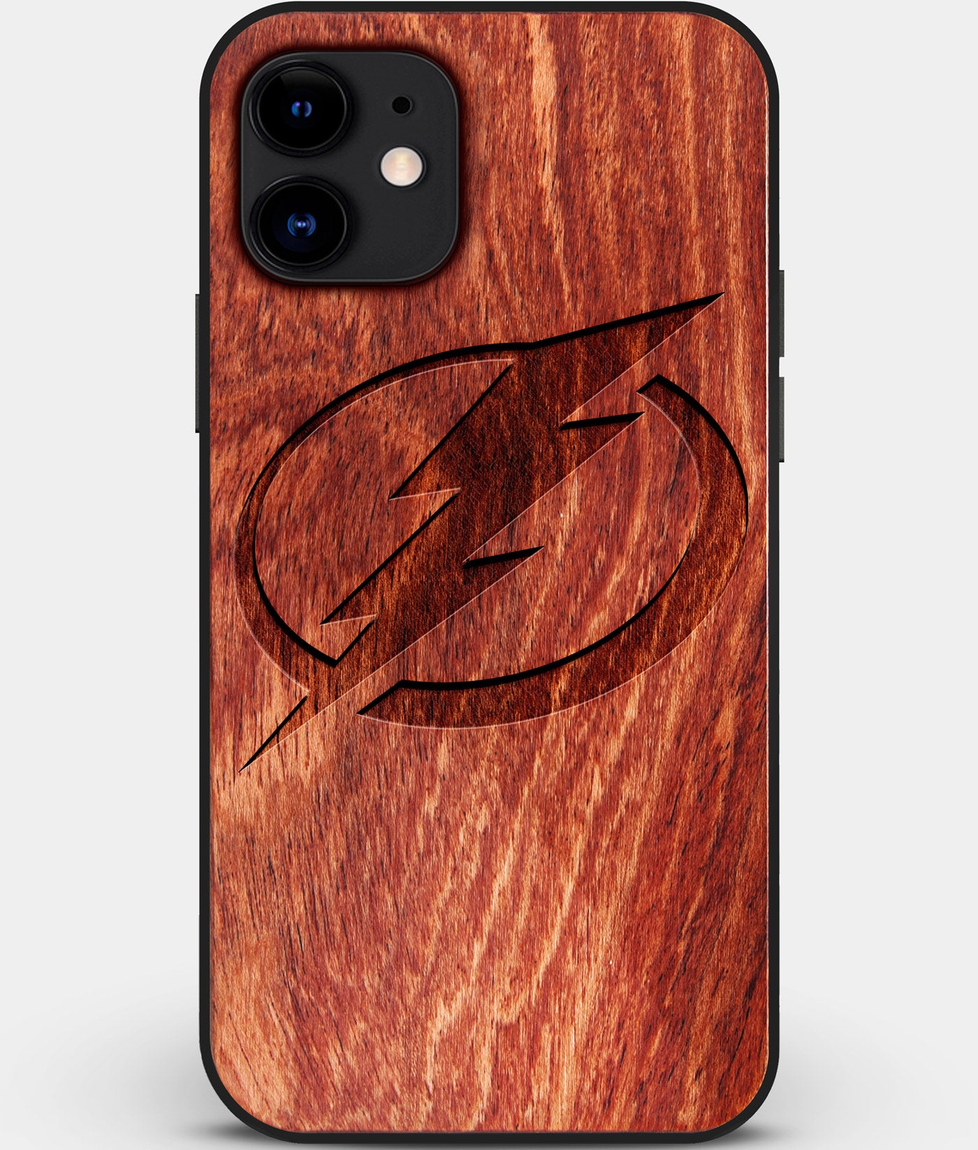 Custom Carved Wood Tampa Bay Lightning iPhone 12 Case | Personalized Mahogany Wood Tampa Bay Lightning Cover, Birthday Gift, Gifts For Him, Monogrammed Gift For Fan | by Engraved In Nature