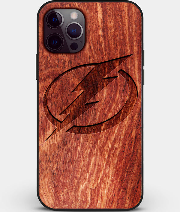 Custom Carved Wood Tampa Bay Lightning iPhone 12 Pro Max Case | Personalized Mahogany Wood Tampa Bay Lightning Cover, Birthday Gift, Gifts For Him, Monogrammed Gift For Fan | by Engraved In Nature