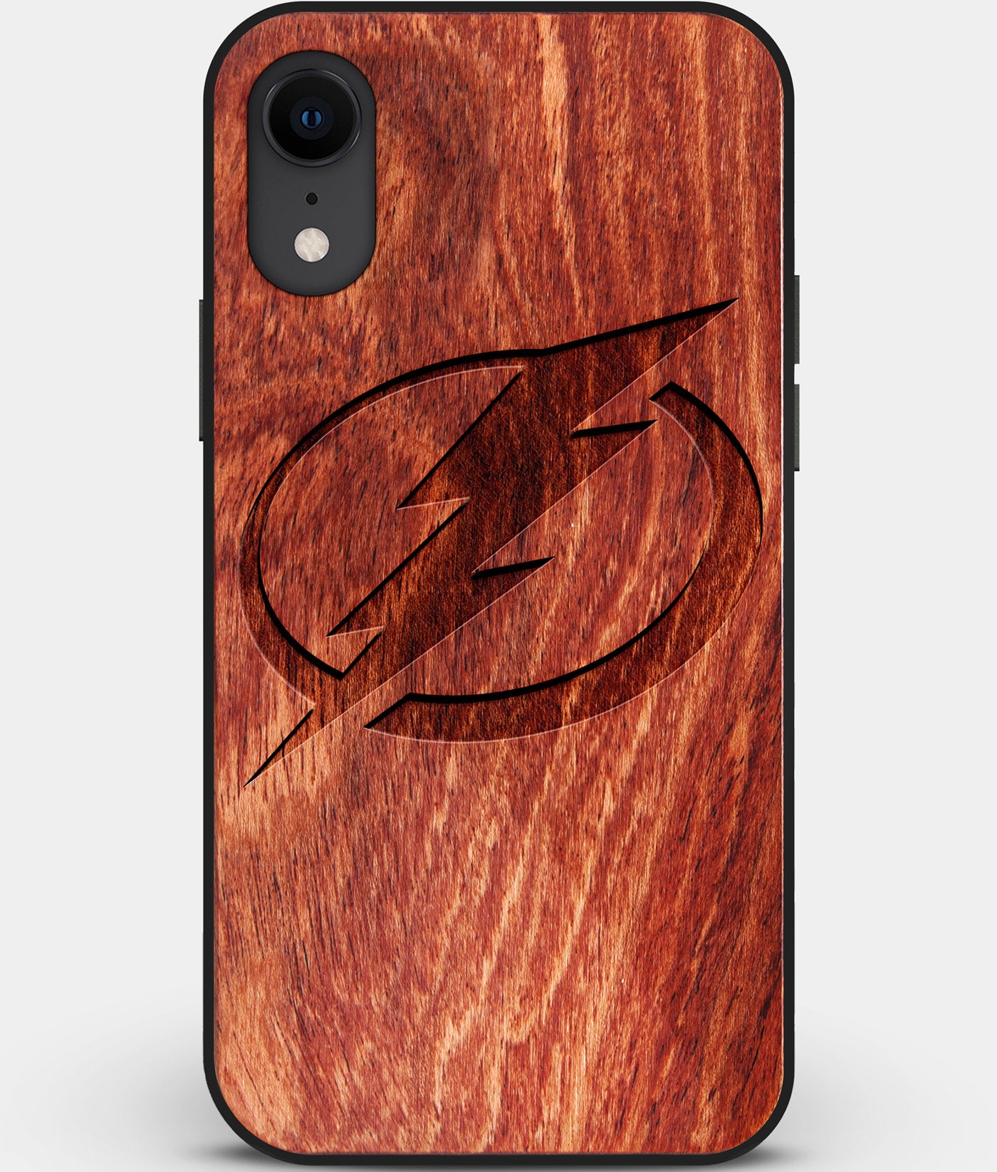 Custom Carved Wood Tampa Bay Lightning iPhone XR Case | Personalized Mahogany Wood Tampa Bay Lightning Cover, Birthday Gift, Gifts For Him, Monogrammed Gift For Fan | by Engraved In Nature