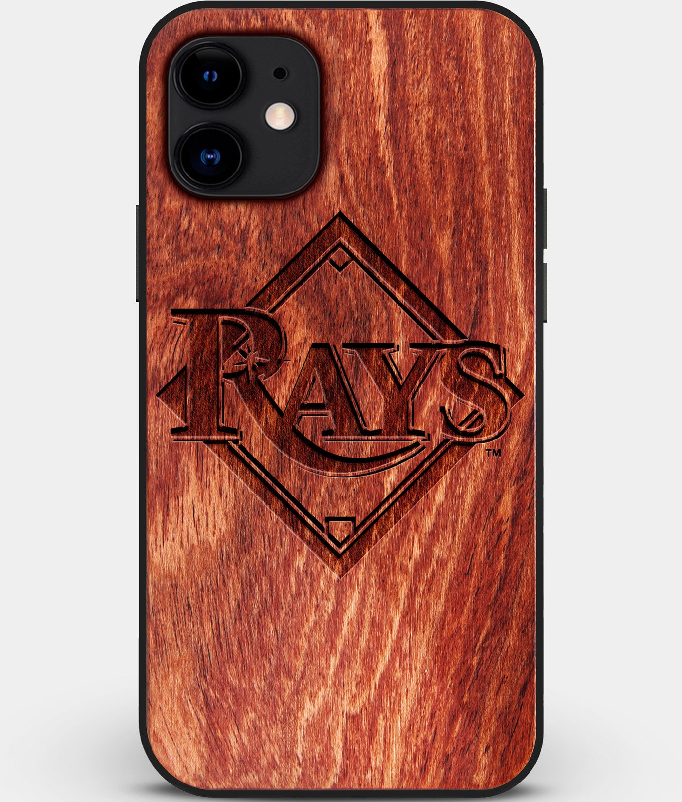 Custom Carved Wood Tampa Bay Rays iPhone 11 Case | Personalized Mahogany Wood Tampa Bay Rays Cover, Birthday Gift, Gifts For Him, Monogrammed Gift For Fan | by Engraved In Nature