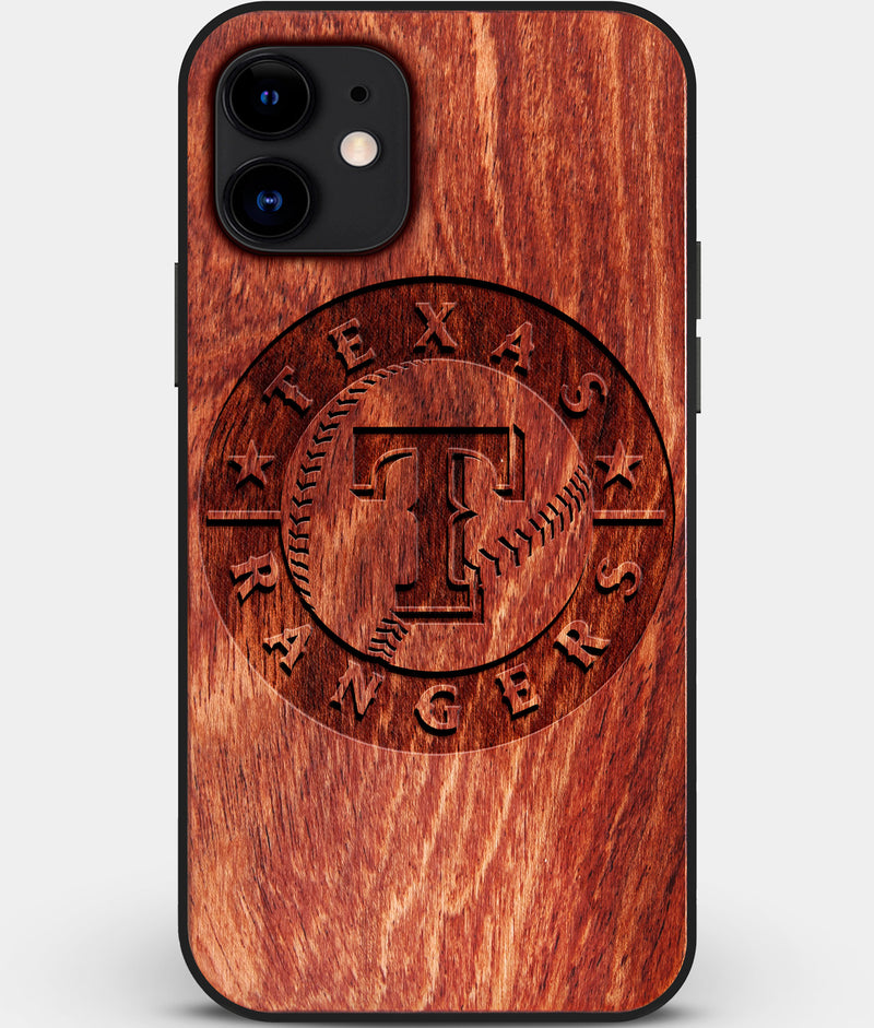 Custom Carved Wood Texas Rangers iPhone 11 Case | Personalized Mahogany Wood Texas Rangers Cover, Birthday Gift, Gifts For Him, Monogrammed Gift For Fan | by Engraved In Nature