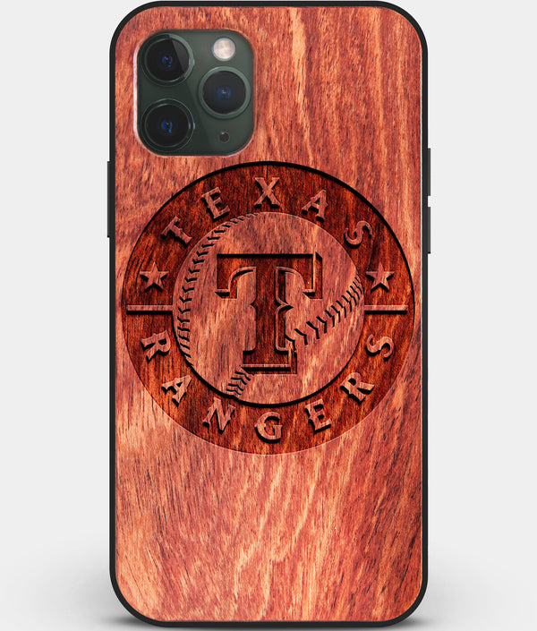 Custom Carved Wood Texas Rangers iPhone 11 Pro Case | Personalized Mahogany Wood Texas Rangers Cover, Birthday Gift, Gifts For Him, Monogrammed Gift For Fan | by Engraved In Nature