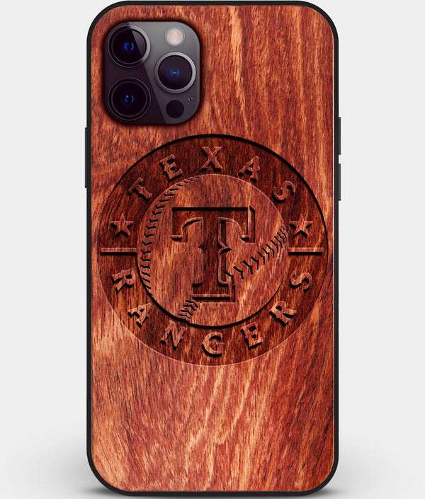 Custom Carved Wood Texas Rangers iPhone 12 Pro Case | Personalized Mahogany Wood Texas Rangers Cover, Birthday Gift, Gifts For Him, Monogrammed Gift For Fan | by Engraved In Nature