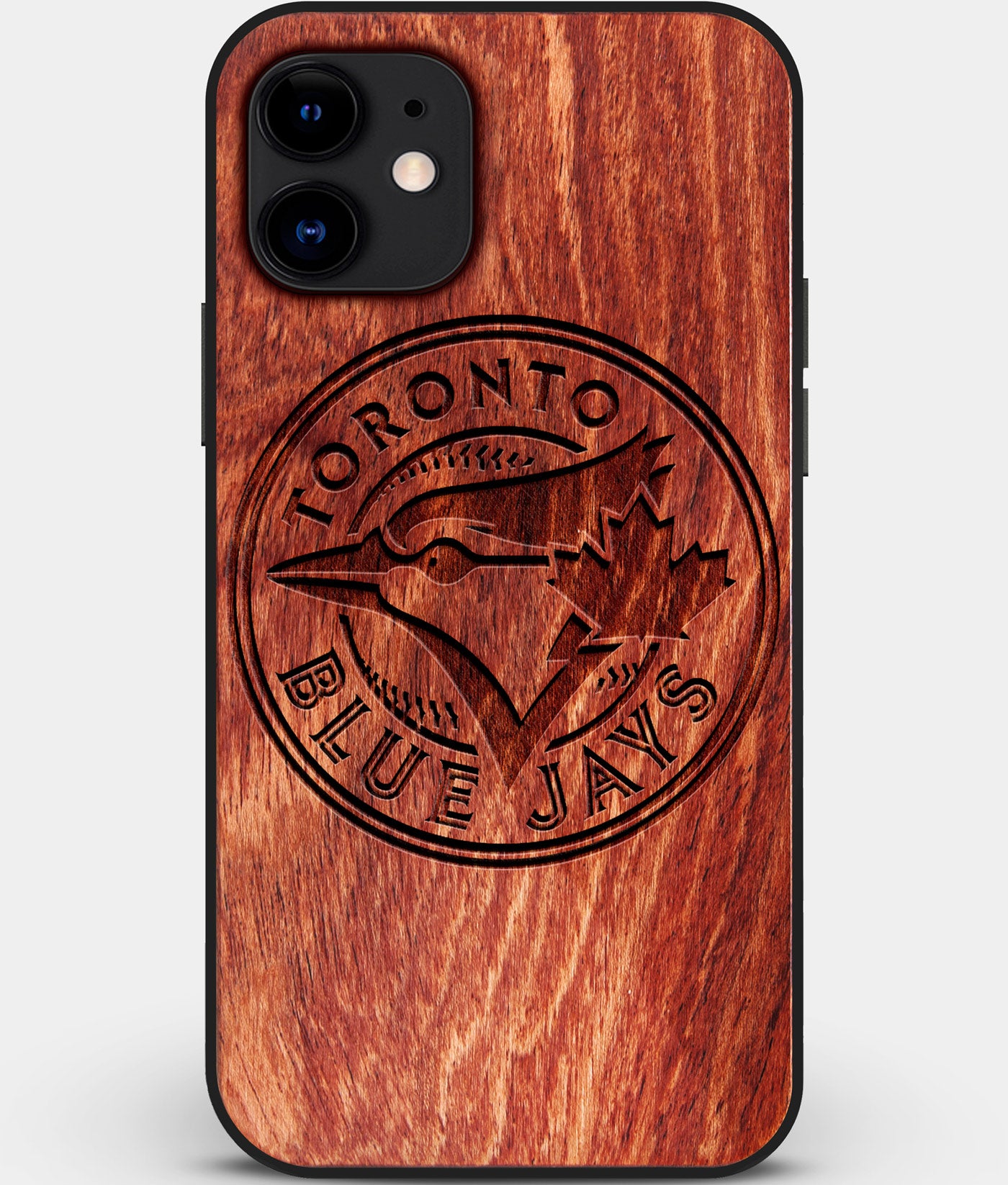 Custom Carved Wood Toronto Blue Jays iPhone 11 Case | Personalized Mahogany Wood Toronto Blue Jays Cover, Birthday Gift, Gifts For Him, Monogrammed Gift For Fan | by Engraved In Nature