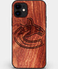 Custom Carved Wood Vancouver Canucks iPhone 12 Case | Personalized Mahogany Wood Vancouver Canucks Cover, Birthday Gift, Gifts For Him, Monogrammed Gift For Fan | by Engraved In Nature