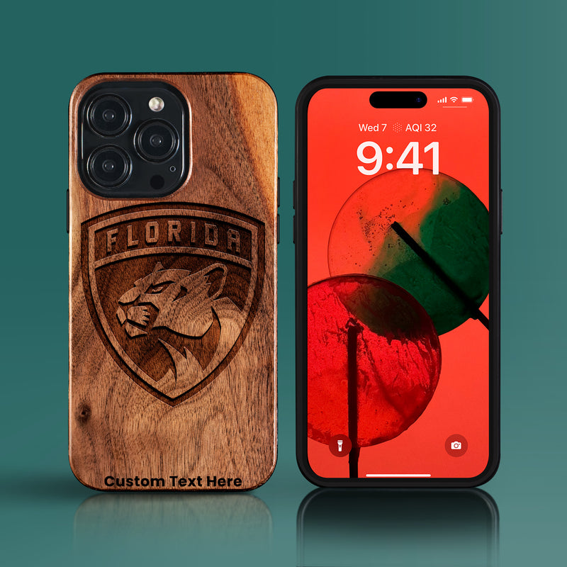 Custom Florida Panthers iPhone 15/15 Pro/15 Pro Max/15 Plus Case - Carved Wood Panthers Cover