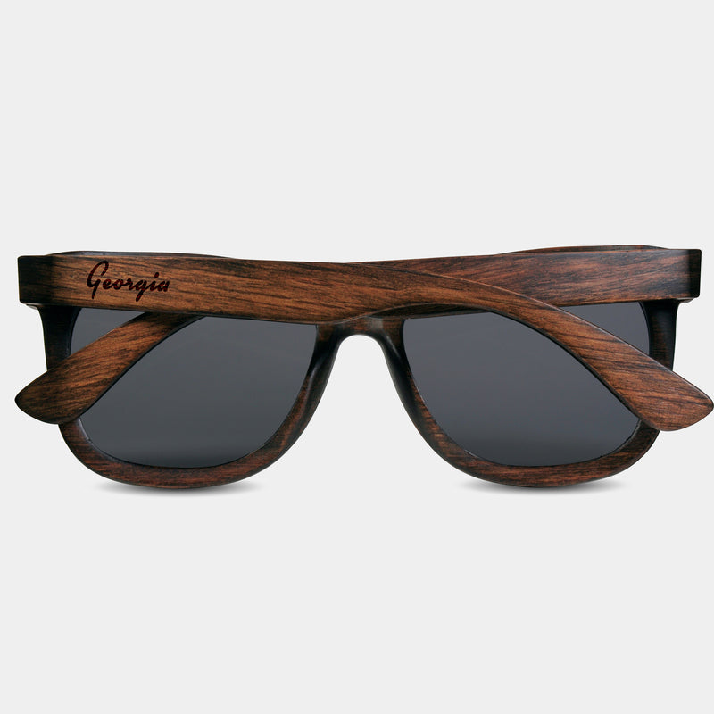 Georgia Wood Sunglasses with custom engraving.  Add Your Custom Engraving On The Right Side. Georgia Custom Gifts For Men - Georgia Sustainable Wayfarer Eyewear and Shades Front View