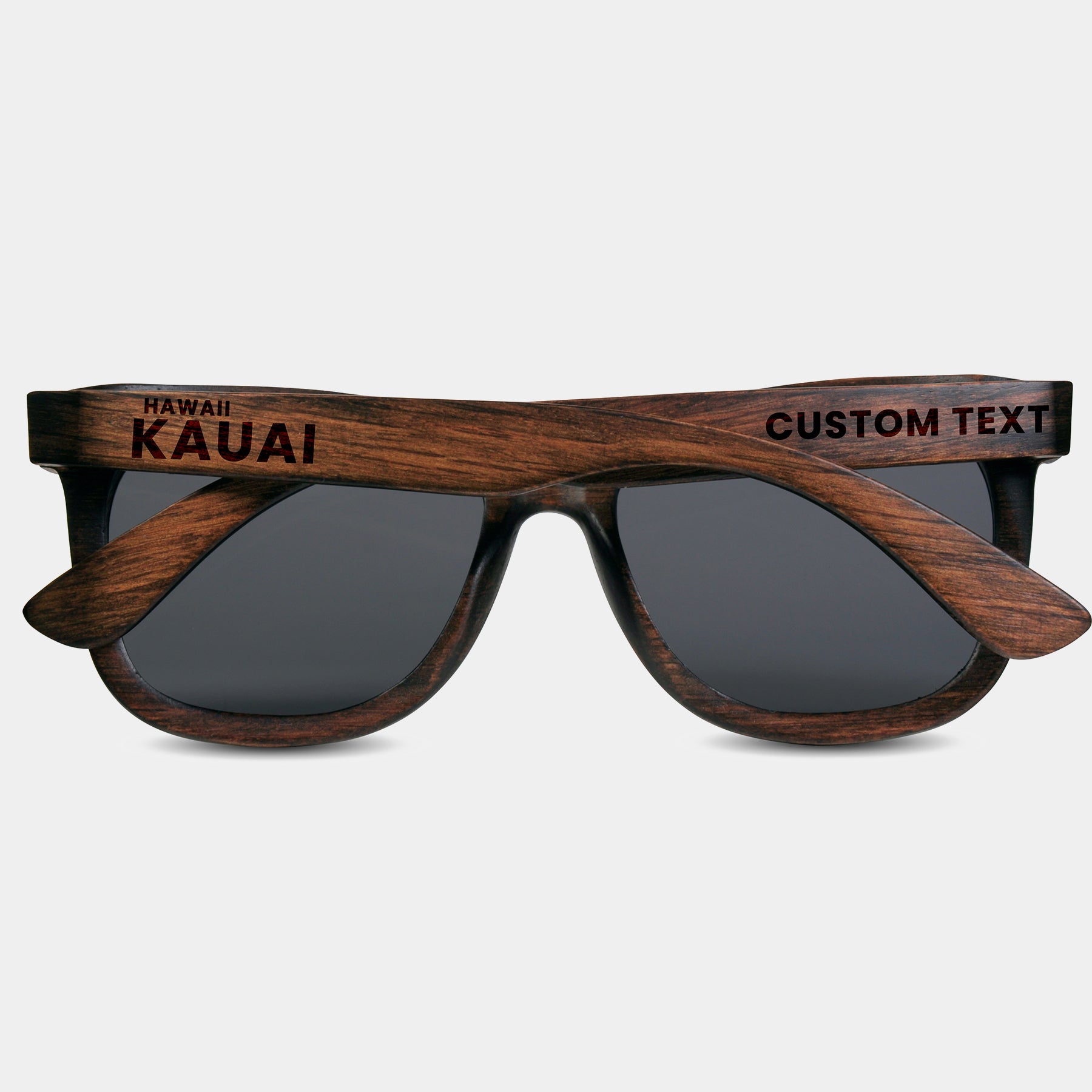 Kauai Hawaii Wood Sunglasses with custom engraving. Custom Kauai Hawaii Gifts For Men -  Sustainable Kauai Hawaii eco friendly products - Personalized Kauai Hawaii Birthday Gifts - Unique Kauai Hawaii travel Souvenirs and gift shops. Kauai Hawaii Wayfarer Eyewear and Shades 