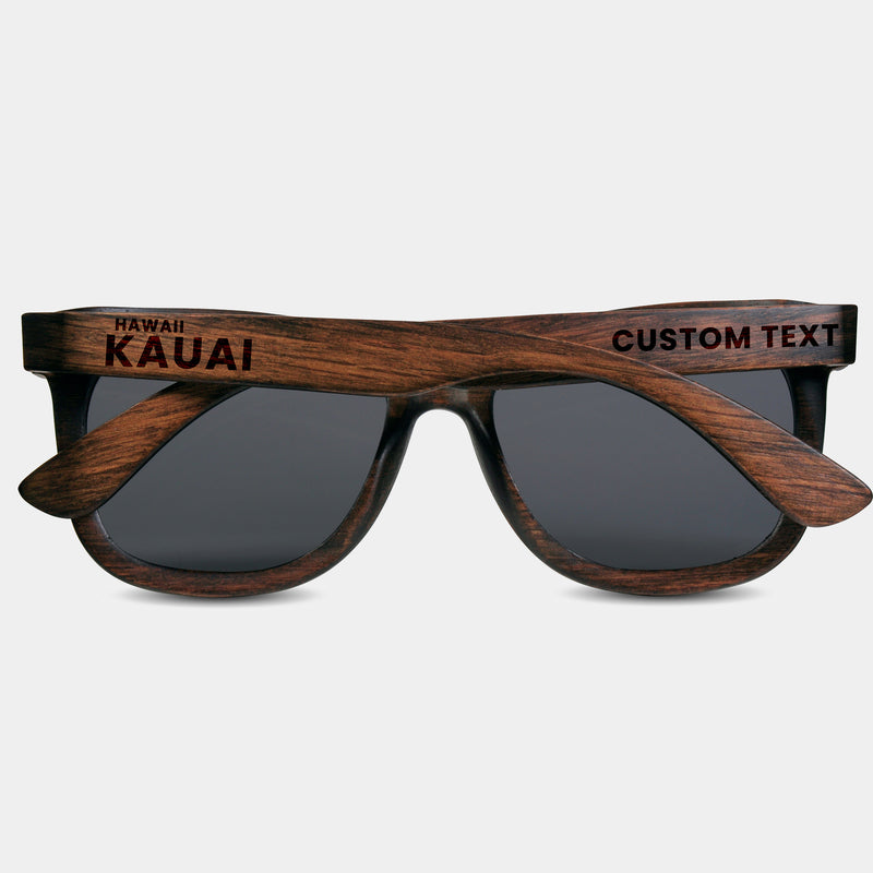 Kauai Hawaii Wood Sunglasses with custom engraving. Custom Kauai Hawaii Gifts For Men -  Sustainable Kauai Hawaii eco friendly products - Personalized Kauai Hawaii Birthday Gifts - Unique Kauai Hawaii travel Souvenirs and gift shops. Kauai Hawaii Wayfarer Eyewear and Shades 