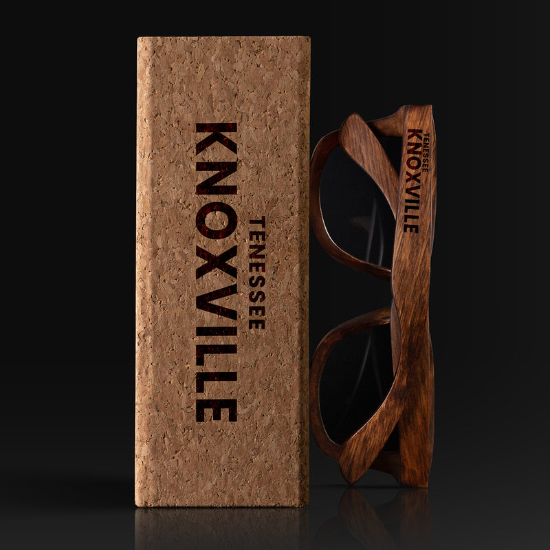 Knoxville Tennessee Wood Sunglasses with custom engraving. Custom Knoxville Tennessee Gifts For Men -  Sustainable Knoxville Tennessee eco friendly products - Personalized Knoxville Tennessee Birthday Gifts - Unique Knoxville Tennessee travel Souvenirs and gift shops. Knoxville Tennessee Wayfarer Eyewear and Shades wiith Box