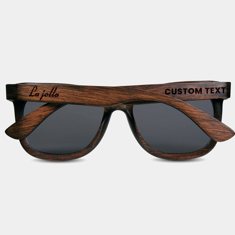 La Jolla California Wood Sunglasses with custom engraving. Custom La Jolla California Gifts For Men -  Sustainable La Jolla California eco friendly products - Personalized La Jolla California Birthday Gifts - Unique La Jolla California travel Souvenirs and gift shops. La Jolla California Wayfarer Eyewear and Shades 