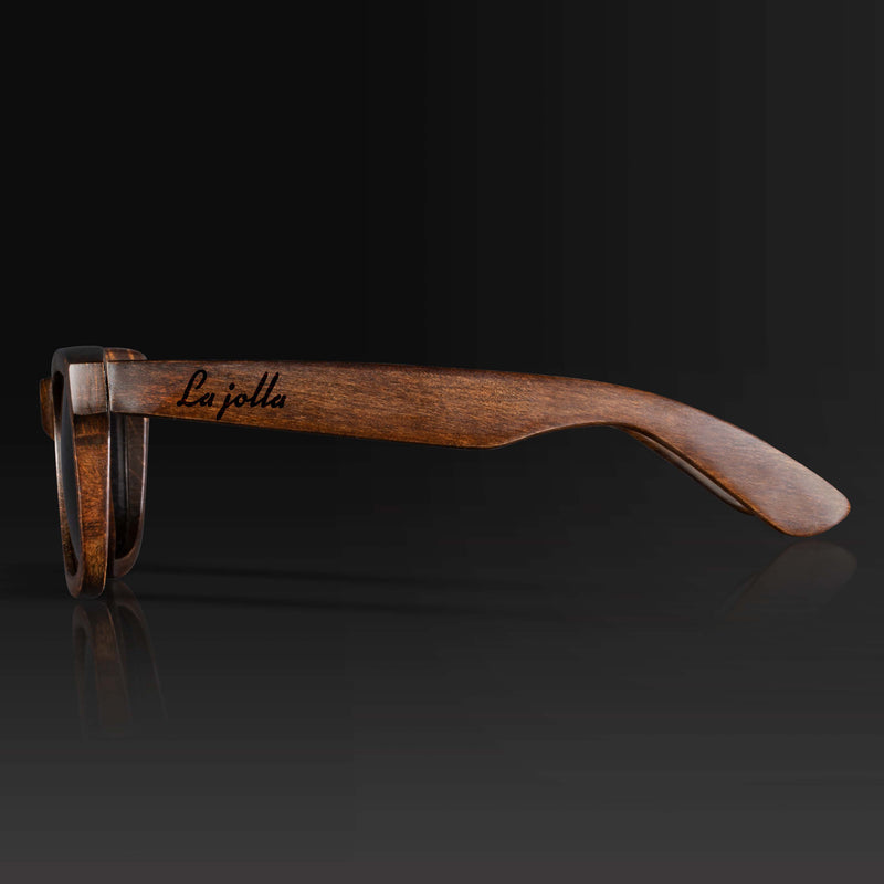 La Jolla California Wood Sunglasses with custom engraving. Custom La Jolla California Gifts For Men -  Sustainable La Jolla California eco friendly products - Personalized La Jolla California Birthday Gifts - Unique La Jolla California travel Souvenirs and gift shops. La Jolla California Wayfarer Eyewear and Shades Side