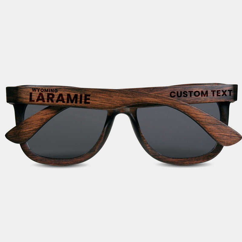 Laramie Wyoming Wood Sunglasses with custom engraving. Custom Laramie Wyoming Gifts For Men -  Sustainable Laramie Wyoming eco friendly products - Personalized Laramie Wyoming Birthday Gifts - Unique Laramie Wyoming travel Souvenirs and gift shops. Laramie Wyoming Wayfarer Eyewear and Shades 