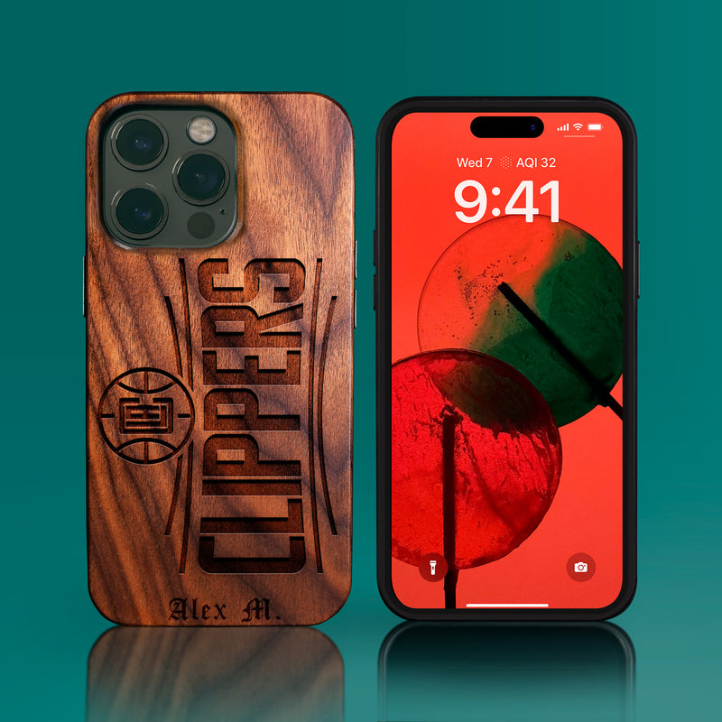 Custom Los Angeles Clippers iPhone 14/14 Pro/14 Pro Max/14 Plus Case - Carved Wood Clippers Cover