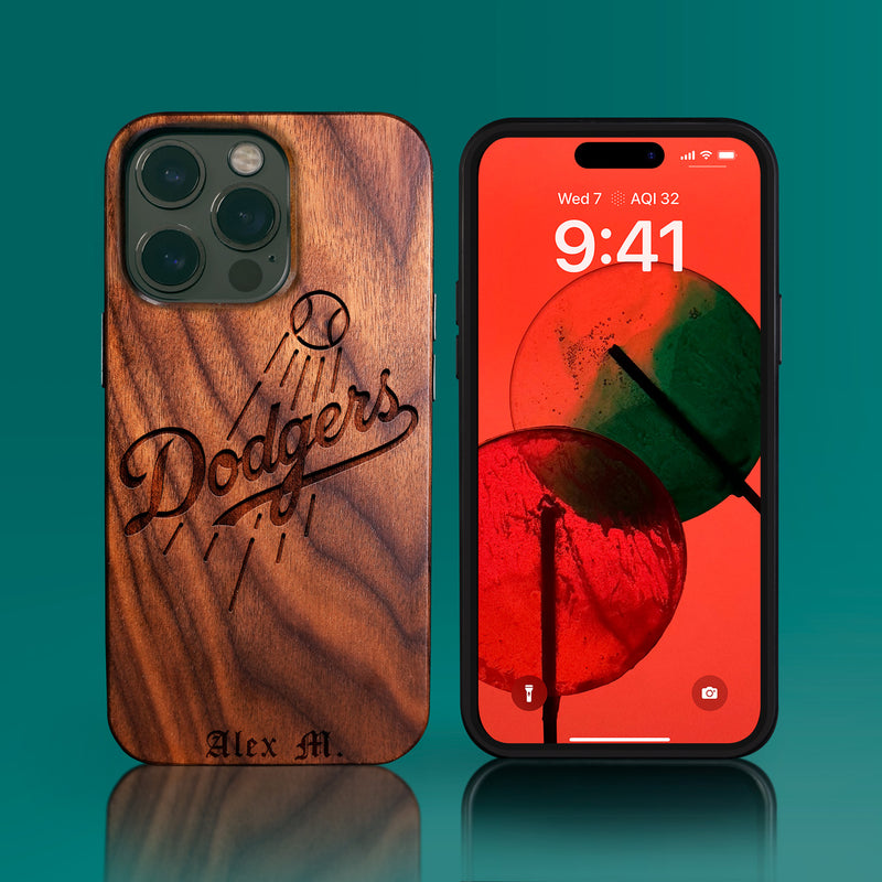 Custom Los Angeles Dodgers iPhone 14/14 Pro/14 Pro Max/14 Plus Case - Carved Wood Dodgers Cover