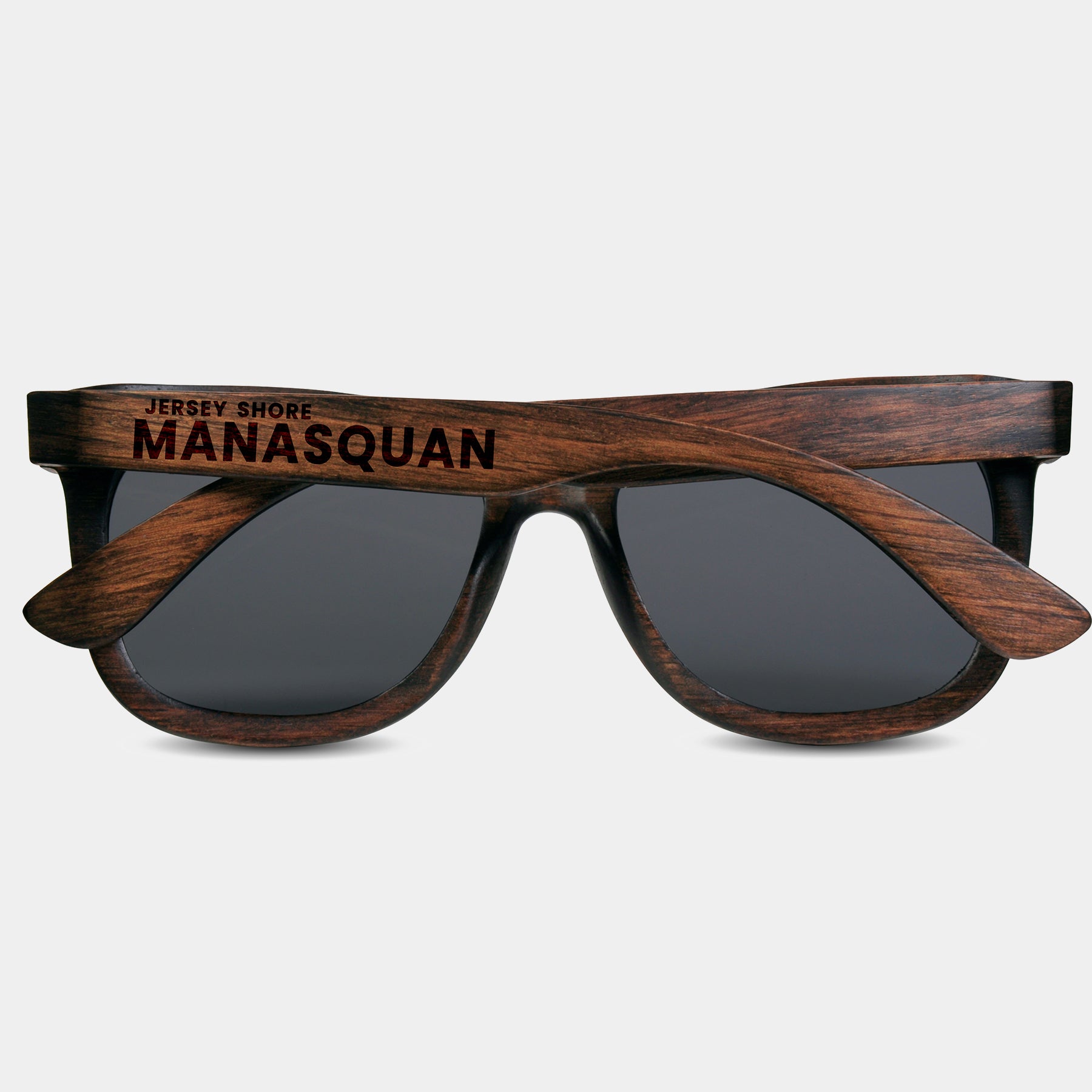 Manasquan Wood Sunglasses with custom engraving.  Add Your Custom Engraving On The Right Side. Manasquan Custom Gifts For Men - Manasquan Sustainable Wayfarer Eyewear and Shades Front View