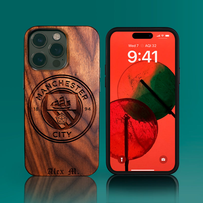 Custom Manchester City F.C. iPhone 14/14 Pro/14 Pro Max/14 Plus Case - Carved Wood Manchester City FC Cover