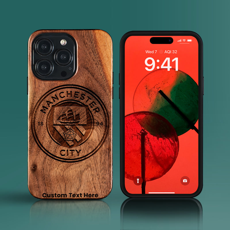 Custom Manchester City F.C. iPhone 15/15 Pro/15 Pro Max/15 Plus Case - Carved Wood Manchester City FC Cover