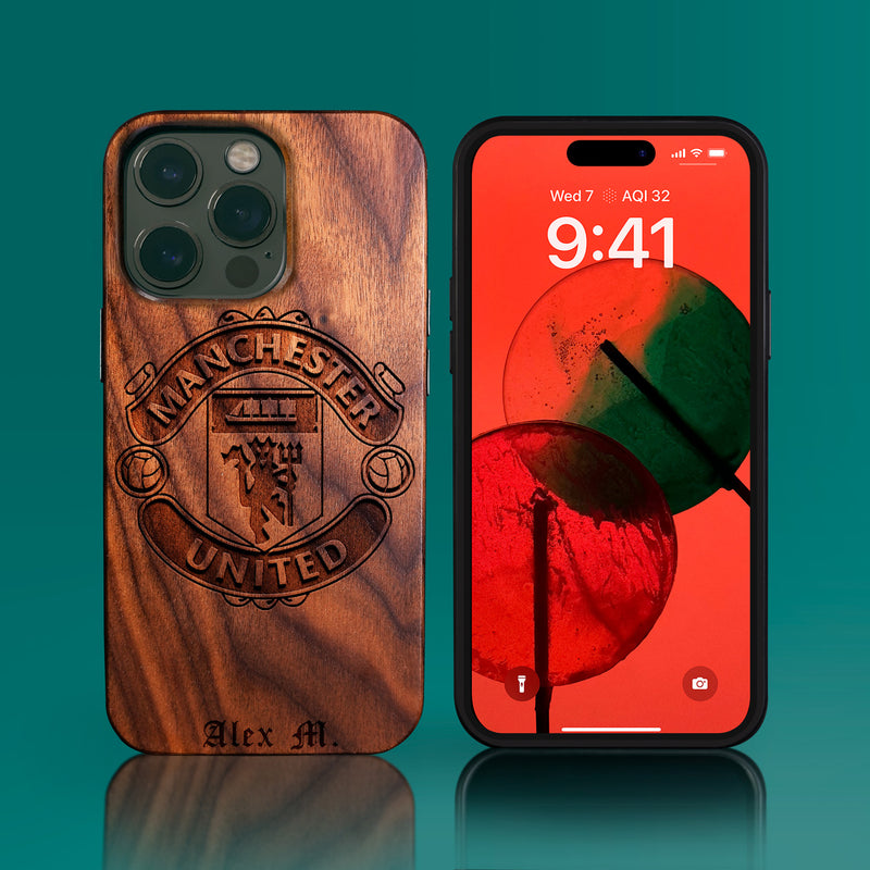 Custom Manchester United F.C. iPhone 14/14 Pro/14 Pro Max/14 Plus Case - Carved Wood Manchester United FC Cover