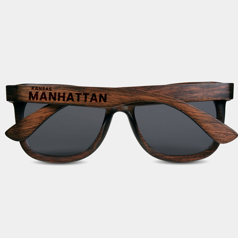 Manhattan Kansas Wood Sunglasses with custom engraving.  Add Your Custom Engraving On The Right Side. Manhattan Kansas Custom Gifts For Men - Manhattan Kansas Sustainable Wayfarer Eyewear and Shades Front View