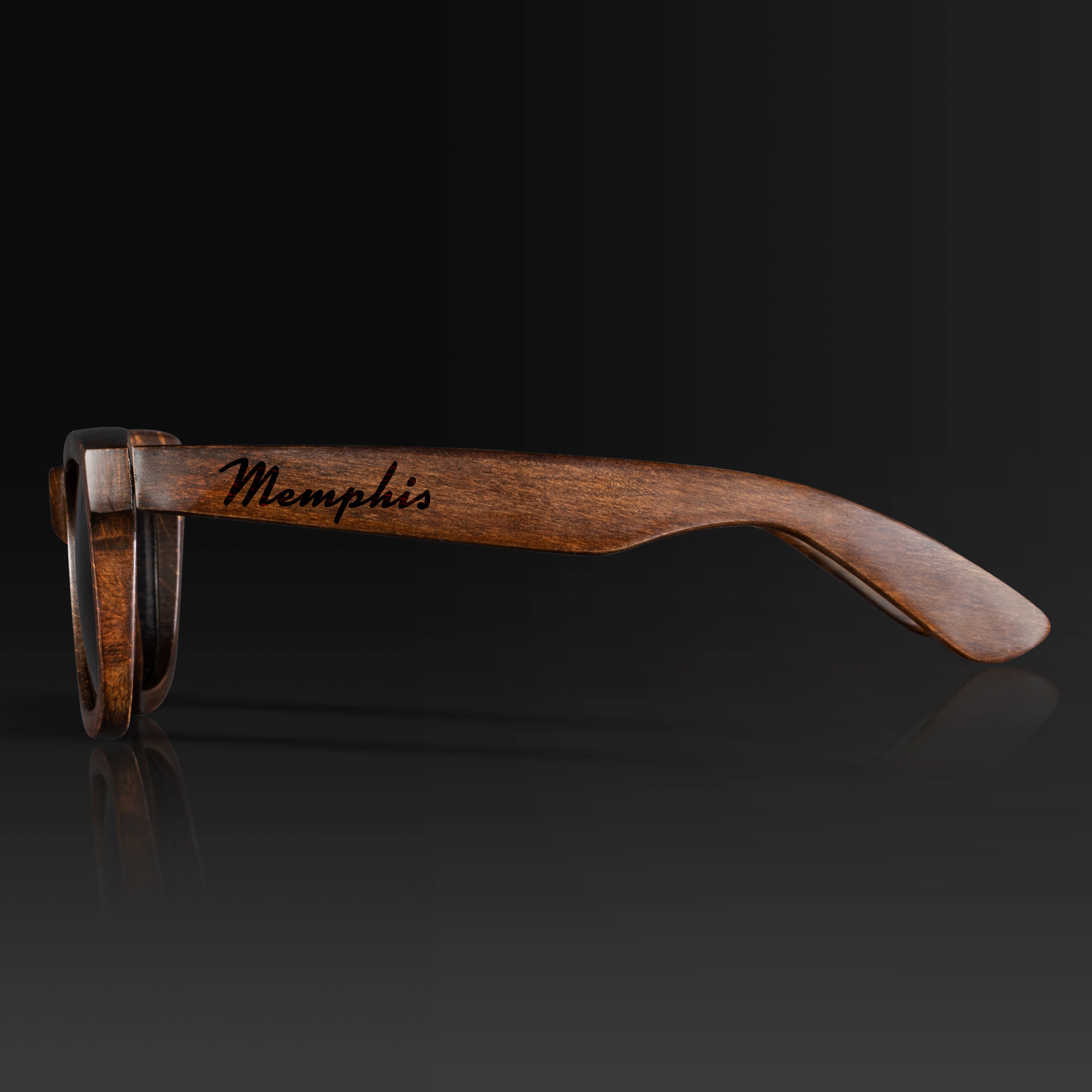 Memphis Tennessee II Wood Sunglasses with custom engraving. Custom Memphis Tennessee II Gifts For Men -  Sustainable Memphis Tennessee II eco friendly products - Personalized Memphis Tennessee II Birthday Gifts - Unique Memphis Tennessee II travel Souvenirs and gift shops. Memphis Tennessee II Wayfarer Eyewear and Shades Side