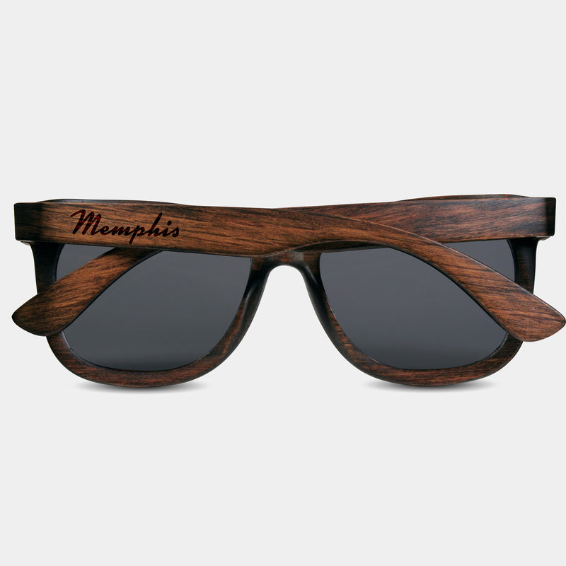 Memphis Tennessee II Wood Sunglasses with custom engraving.  Add Your Custom Engraving On The Right Side. Memphis Tennessee II Custom Gifts For Men - Memphis Tennessee II Sustainable Wayfarer Eyewear and Shades Front View