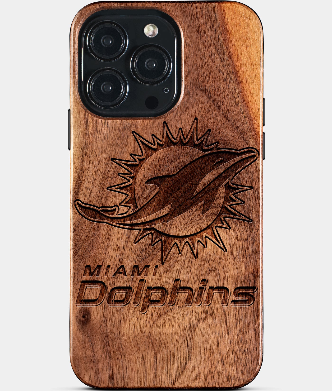 Custom Miami Dolphins iPhone 15/15 Pro/15 Pro Max/15 Plus Case - Wood Dolphins Cover - Eco-friendly Miami Dolphins iPhone 15 Case - Carved Wood Custom Miami Dolphins Gift For Him - Monogrammed Personalized iPhone 15 Cover By Engraved In Nature