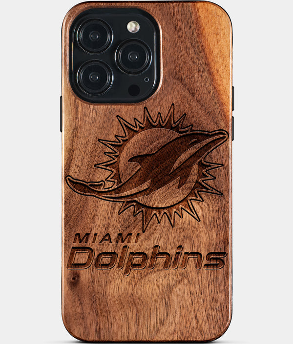 Custom Miami Dolphins iPhone 15/15 Pro/15 Pro Max/15 Plus Case - Wood Dolphins Cover - Eco-friendly Miami Dolphins iPhone 15 Case - Carved Wood Custom Miami Dolphins Gift For Him - Monogrammed Personalized iPhone 15 Cover By Engraved In Nature