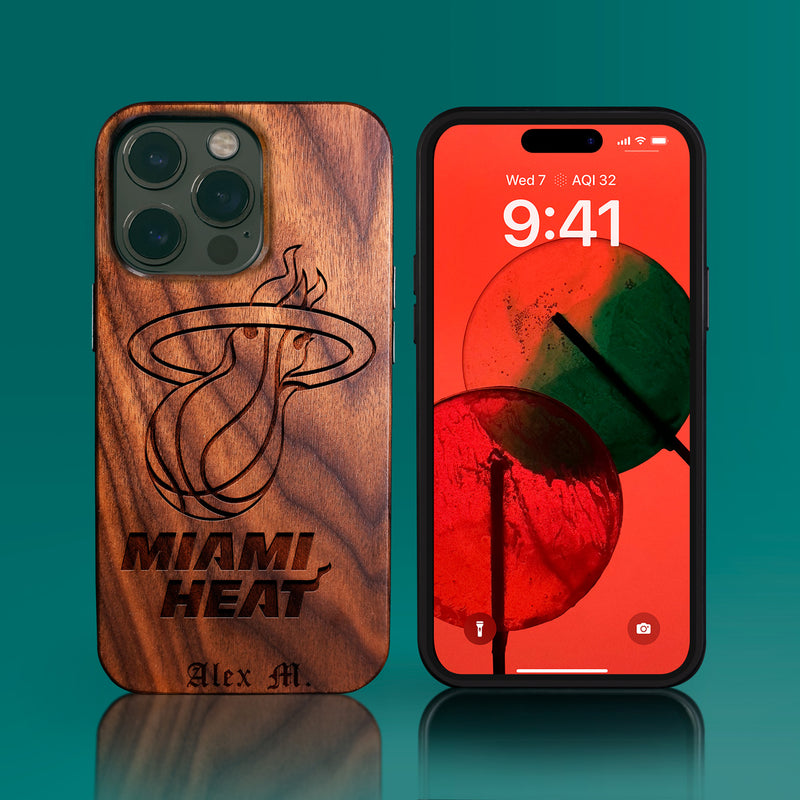 Custom Miami Heat iPhone 14/14 Pro/14 Pro Max/14 Plus Case - Carved Wood Heat Cover