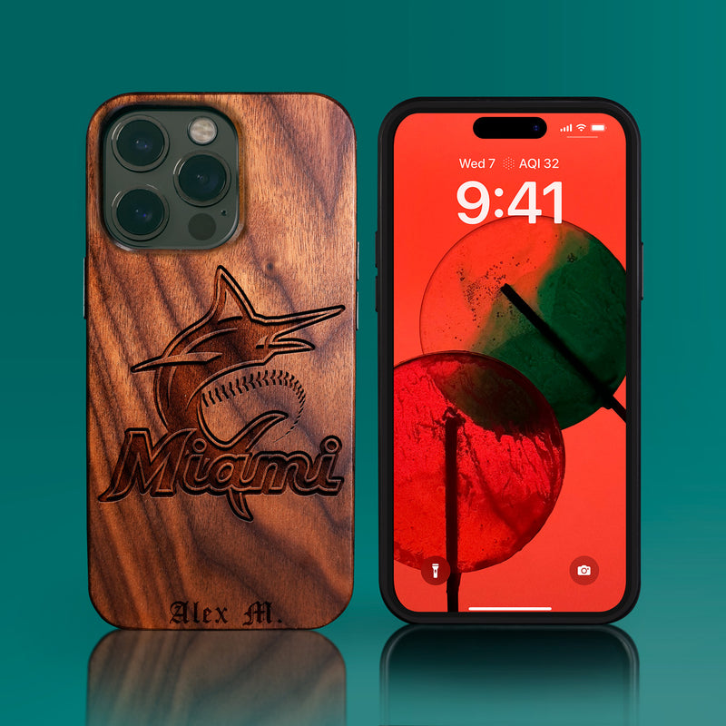 Custom Miami Marlins iPhone 14/14 Pro/14 Pro Max/14 Plus Case - Carved Wood Marlins Cover