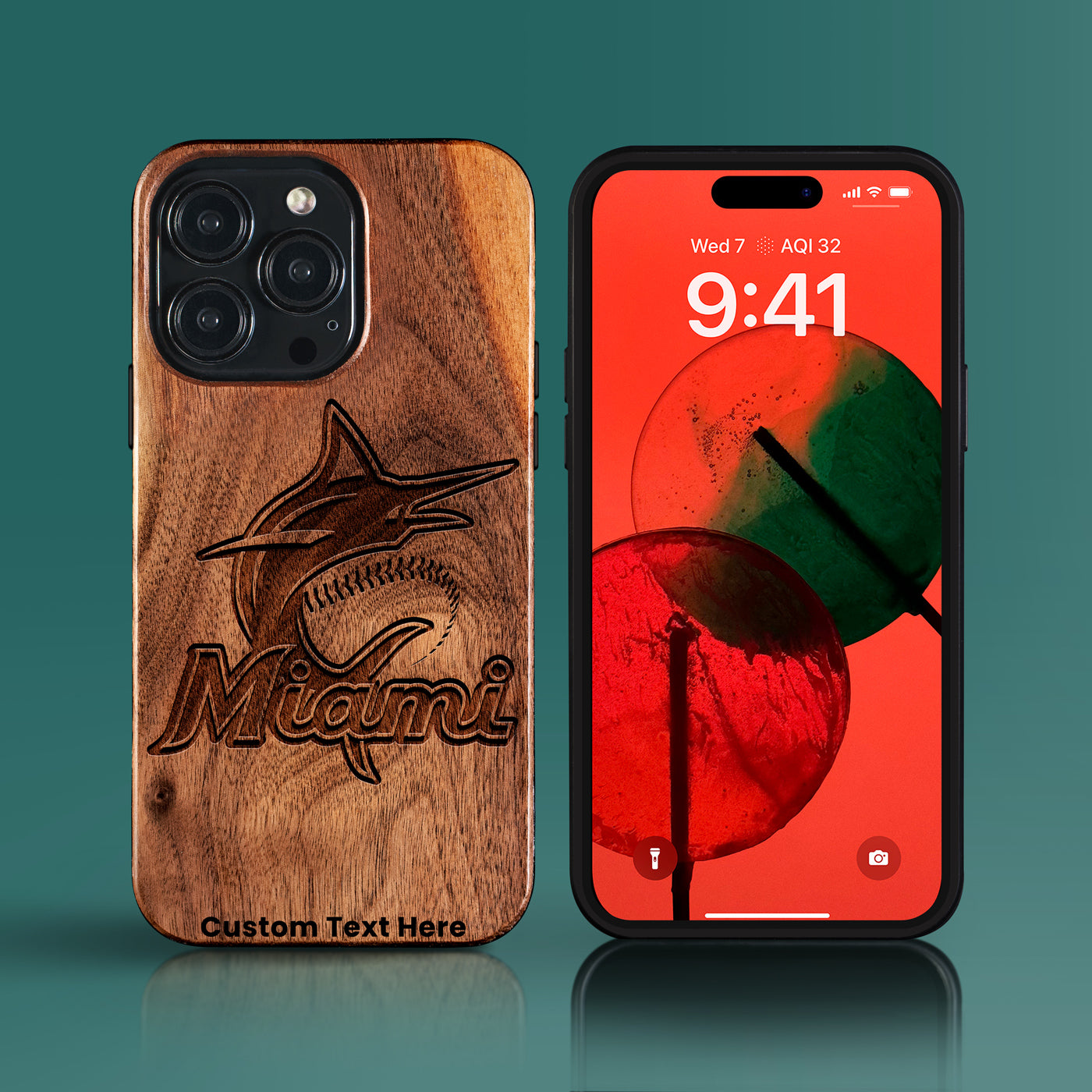 Custom Miami Marlins iPhone 15/15 Pro/15 Pro Max/15 Plus Case - Carved Wood Marlins Cover